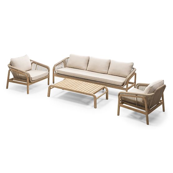 Ensemble de mobilier de jardin Belpasso, tressage, bois d'eucalyptus FSC, aspect teck, beige clair