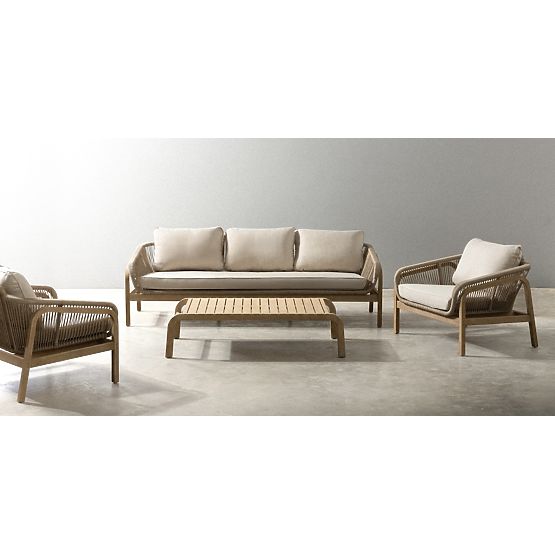 Ensemble de mobilier de jardin Belpasso, tressage, bois d'eucalyptus FSC, aspect teck, beige clair