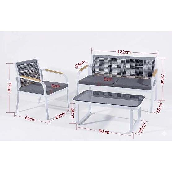 Ensemble de mobilier de jardin en aluminium (2 x fauteuil, canapé + table) RARO blanc, gris