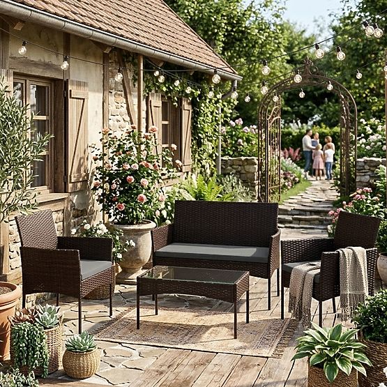 Ensemble de mobilier de jardin en résine tressée banc table chaises marron foncé MultiGarden