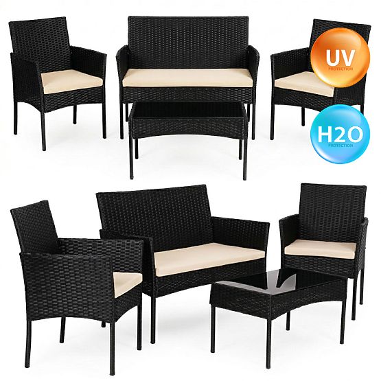 Ensemble de mobilier de jardin en résine tressée banc table chaises noir MultiGarden