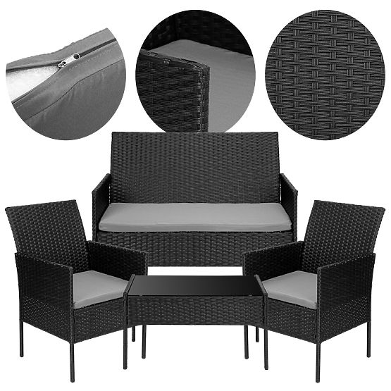 Ensemble de mobilier de jardin en résine tressée MAGNOLIA noir avec coussins gris