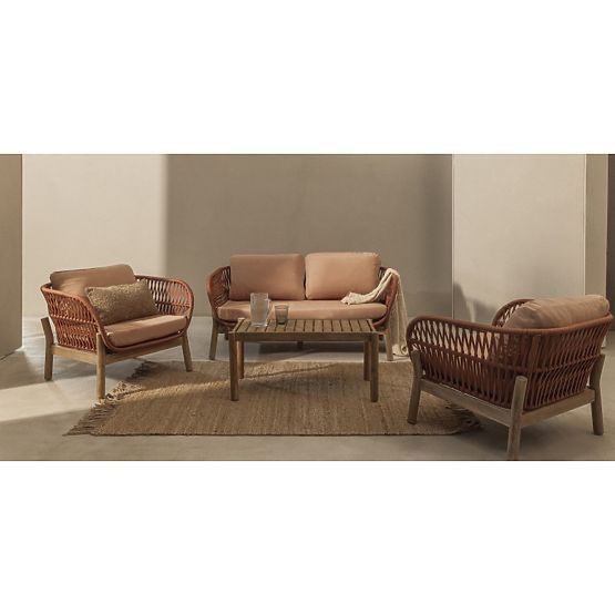 Ensemble de mobilier de jardin Fiorentino aspect teck, tressage, bois d'acacia clair FSC, terre cuit