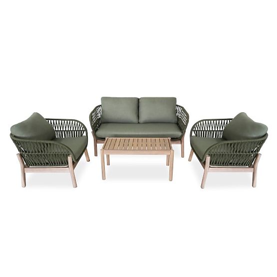 Ensemble de mobilier de jardin Fiorentino aspect teck, tressé, bois d'acacia clair FSC, vert, arrond