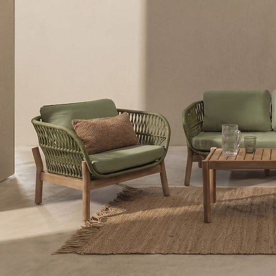 Ensemble de mobilier de jardin Fiorentino aspect teck, tressé, bois d'acacia clair FSC, vert, arrond