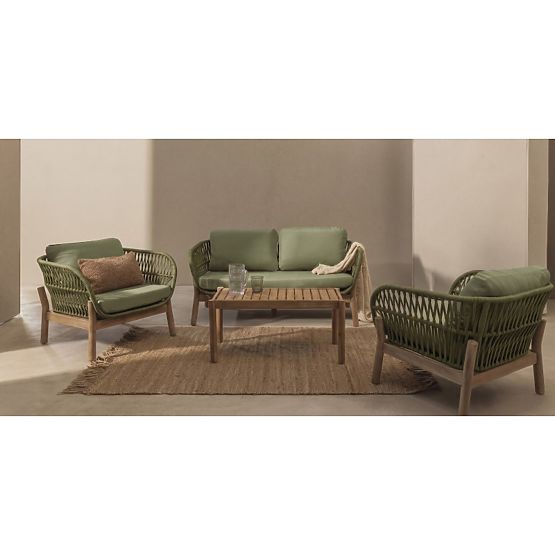 Ensemble de mobilier de jardin Fiorentino aspect teck, tressé, bois d'acacia clair FSC, vert, arrond
