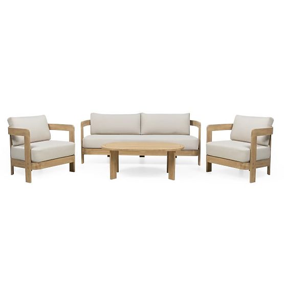 Ensemble de mobilier de jardin Japandi en bois d'acacia FSC, aspect teck, beige clair, arrondi