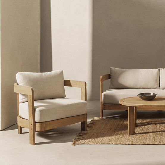 Ensemble de mobilier de jardin Japandi en bois d'acacia FSC, aspect teck, beige clair, arrondi