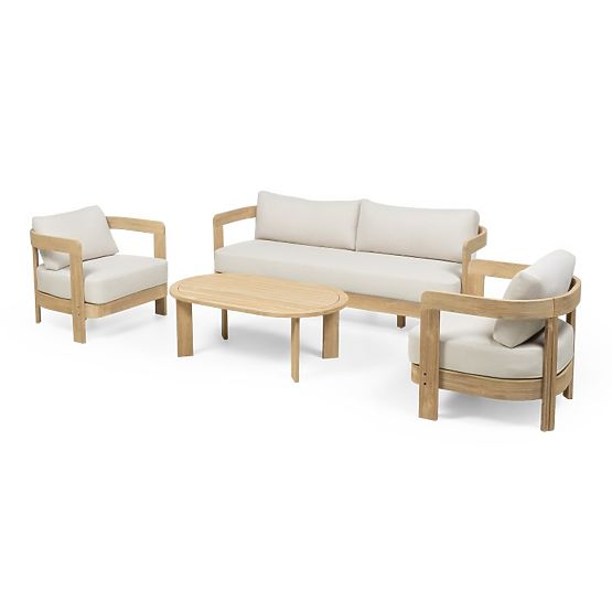 Ensemble de mobilier de jardin Japandi en bois d'acacia FSC, aspect teck, beige clair, arrondi