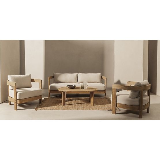 Ensemble de mobilier de jardin Japandi en bois d'acacia FSC, aspect teck, beige clair, arrondi