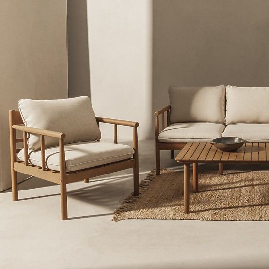 Ensemble de mobilier de jardin Mortlake en bois d'eucalyptus FSC, aspect teck, beige clair