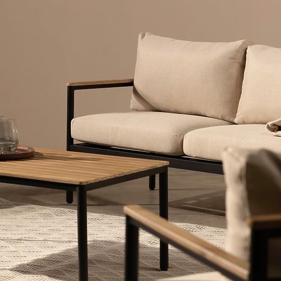 Ensemble de mobilier de jardin Porticello, aluminium, bois d'acacia FSC, aspect teck, beige/noir