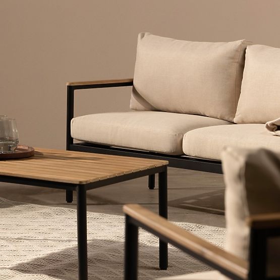 Ensemble de mobilier de jardin Porticello, aluminium, bois d'acacia FSC, aspect teck, beige/noir