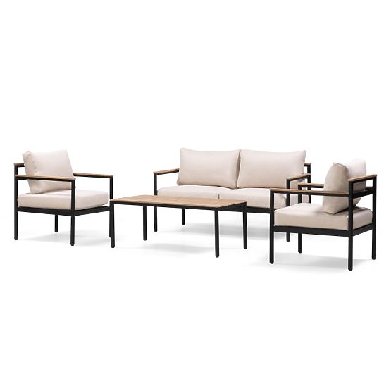 Ensemble de mobilier de jardin Porticello, aluminium, bois d'acacia FSC, aspect teck, beige/noir