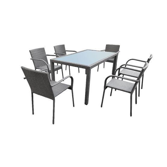 Ensemble de mobilier de salle à manger en résine tressée (table 150x90cm + 6 chaises) AVVICENTE gris