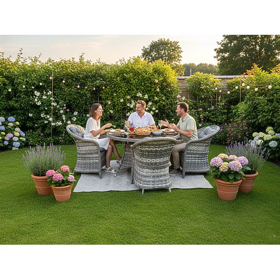 Ensemble de mobilier de table en résine tressée (4 fauteuils + table ronde) MODERNO gris clair