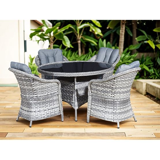 Ensemble de mobilier de table en résine tressée (4 fauteuils + table ronde) MODERNO gris clair