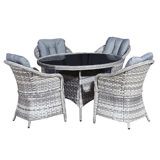 Ensemble de mobilier de table en résine tressée (4 fauteuils + table ronde) MODERNO gris clair