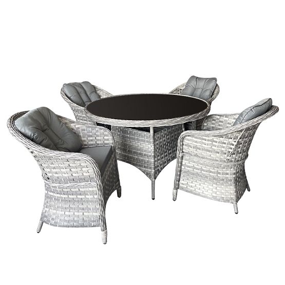 Ensemble de mobilier de table en résine tressée (4 fauteuils + table ronde) MODERNO gris clair