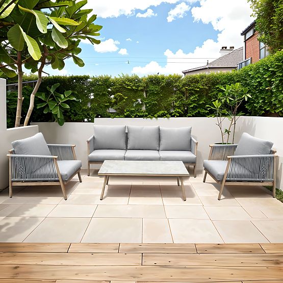 Ensemble de mobilier de terrasse en aluminium (Grand canapé, 2 fauteuils et table) BLANDO gris clair