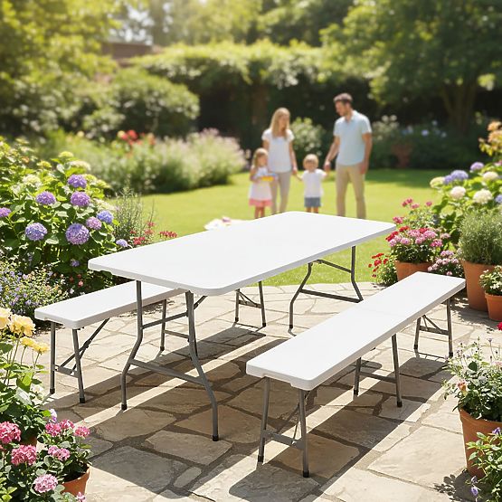 Ensemble de restauration FETA WHITE table + 2 bancs