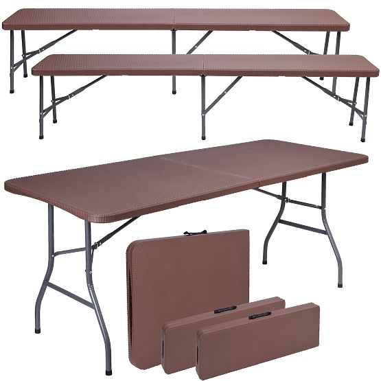 Ensemble de restauration Rattan table marron 180 cm + 2 bancs