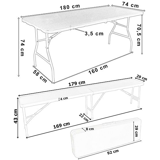 Ensemble de restauration Rattan table marron 180 cm + 2 bancs