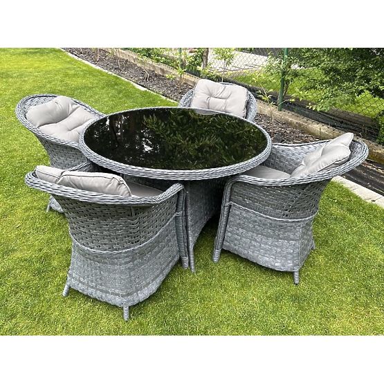 Ensemble de salle à manger en résine tressée (table ronde + 4 fauteuils) MODERNO gris