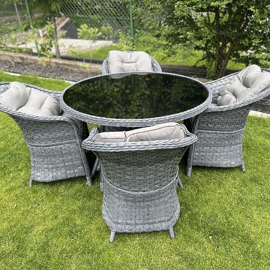 Ensemble de salle à manger en résine tressée (table ronde + 4 fauteuils) MODERNO gris