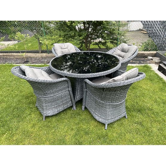 Ensemble de salle à manger en résine tressée (table ronde + 4 fauteuils) MODERNO gris