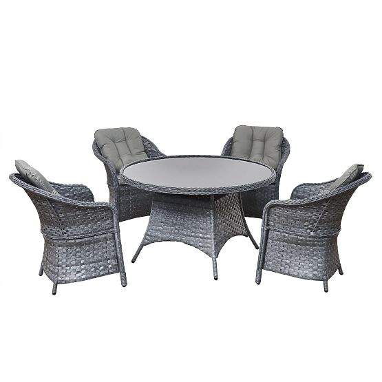 Ensemble de salle à manger en résine tressée (table ronde + 4 fauteuils) MODERNO gris