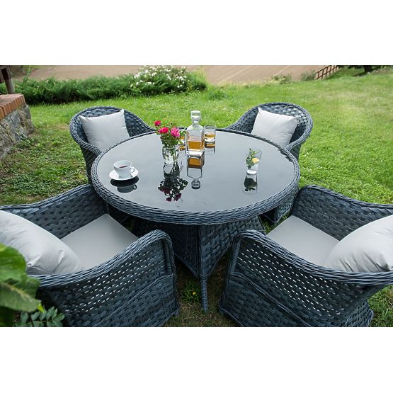 Ensemble de salle à manger en résine tressée (table ronde + 4 fauteuils) MODERNO gris