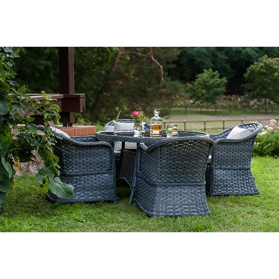 Ensemble de salle à manger en résine tressée (table ronde + 4 fauteuils) MODERNO gris