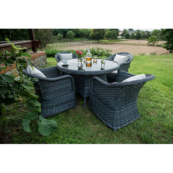 Ensemble de salle à manger en résine tressée (table ronde + 4 fauteuils) MODERNO gris