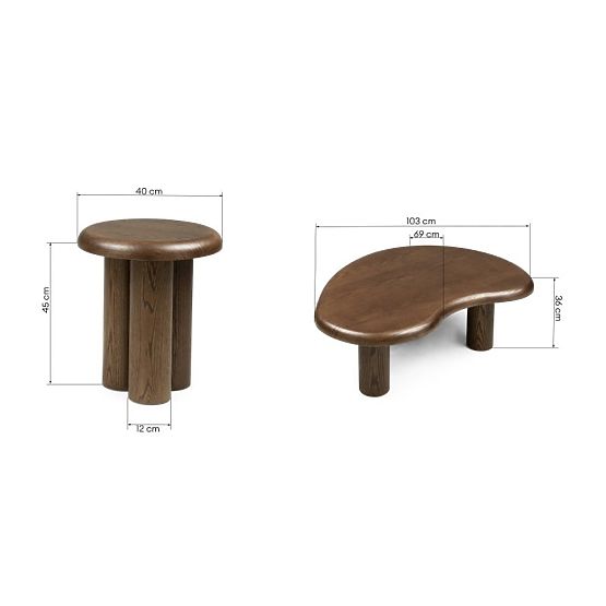 Ensemble de tables Sirocco, chêne foncé, formes arrondies