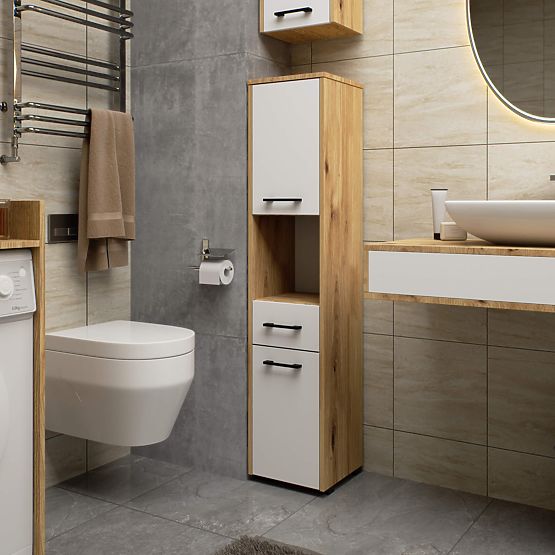 ÉTAGÈRE DE SALLE DE BAIN FIN COLONNE 30 2D 1SZ 1W 140cm PK ARTISAN / BLANC