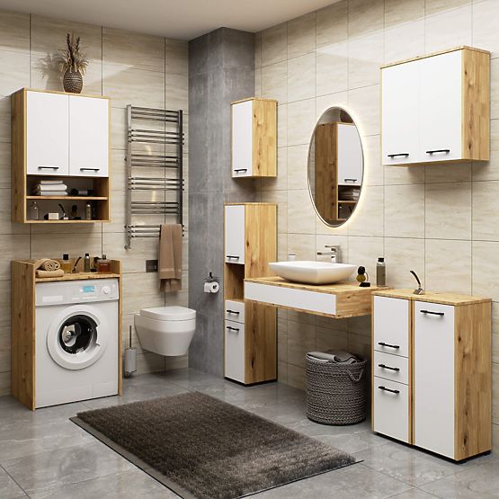 ÉTAGÈRE DE SALLE DE BAIN FIN COLONNE 30 2D 1SZ 1W 140cm PK ARTISAN / BLANC