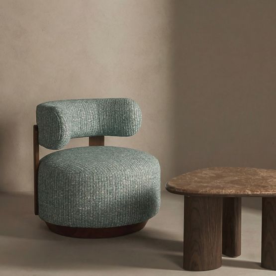 Fauteuil Relax Dolce, formes arrondies, bleu-beige/noyer