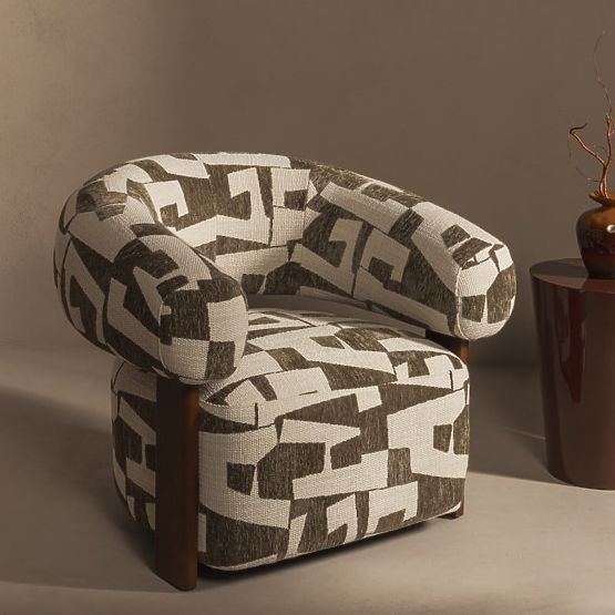 Fauteuil relax Maribel olive-crème/noyer, formes arrondies