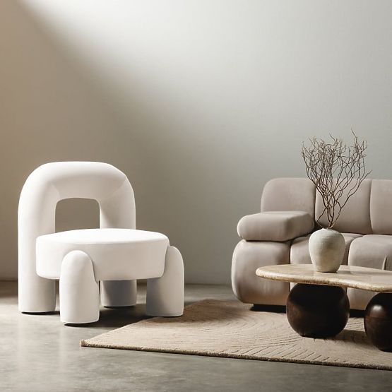Fauteuil Relax Vasto, crème, velours, formes arrondies