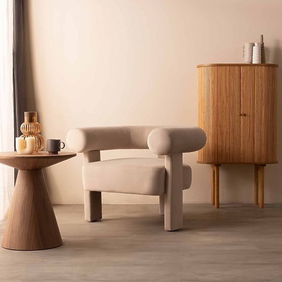 Fauteuil relaxant Hella beige clair, en velours, arrondi