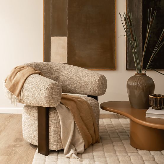 Fauteuil relaxant Maribel beige-gris/noix, forme arrondie