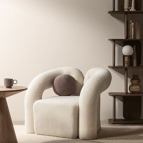 Fauteuil rembourré Merry beige clair, bouclé, forme arrondie