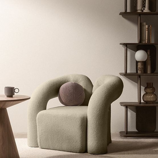 Fauteuil rembourré Merry marron, boucle, formes arrondies
