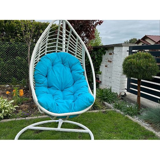 Fauteuil suspendu BELLISSIMO (fauteuil + cadre) en technorattan blanc avec coussin bleu, housse GRA
