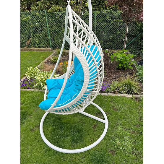Fauteuil suspendu BELLISSIMO (fauteuil + cadre) en technorattan blanc avec coussin bleu, housse GRA