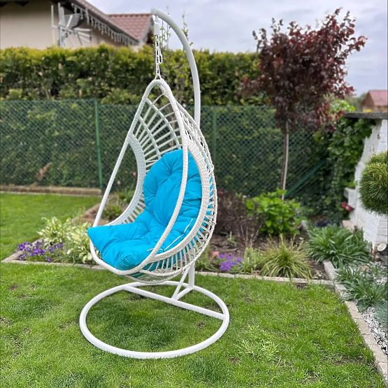 Fauteuil suspendu BELLISSIMO (fauteuil + cadre) en technorattan blanc avec coussin bleu, housse GRA