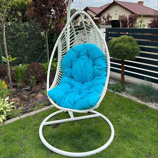 Fauteuil suspendu BELLISSIMO (fauteuil + cadre) en technorattan blanc avec coussin bleu, housse GRA