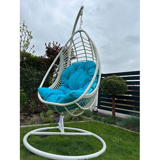 Fauteuil suspendu BELLISSIMO (fauteuil + cadre) en technorattan blanc avec coussin bleu, housse GRA