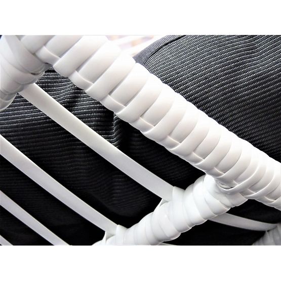 Fauteuil suspendu BELLISSIMO (fauteuil + cadre) en technorattan blanc avec coussin bleu, housse GRA